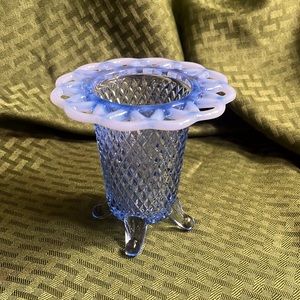 Vintage imperial glass blue vase with opalescent edges. Four legged diamond cut.